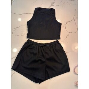 Black Ribbed Women's Shorts Set - Crop Tank & Pull-On Shorts